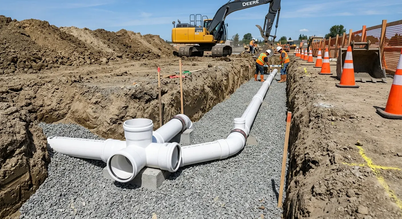New PVC sewer pipe installation in open trench for Commercial Drain Cleaning in The Acreage