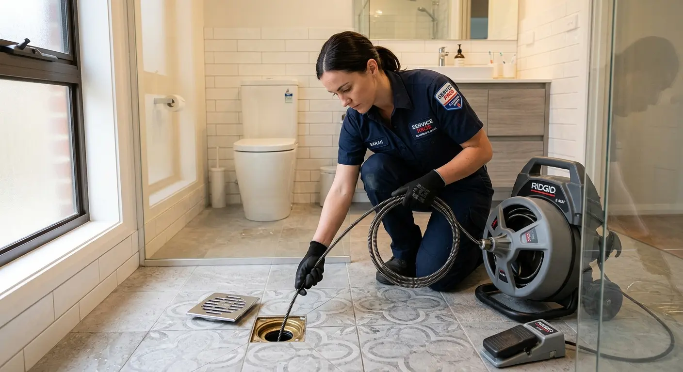 Technician clearing a bathroom floor drain for Hydro Jetting in The Acreage